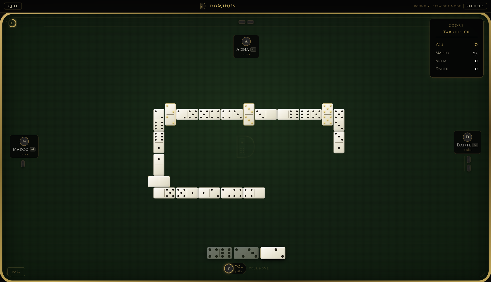 DOMINUS — a four-player game in progress on the felt board